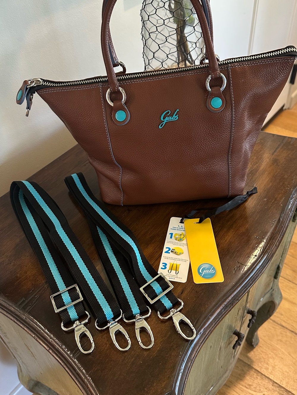 Gabs G3 plus Convertible Brown Leather Tote with Turquoise Accents . Like new !